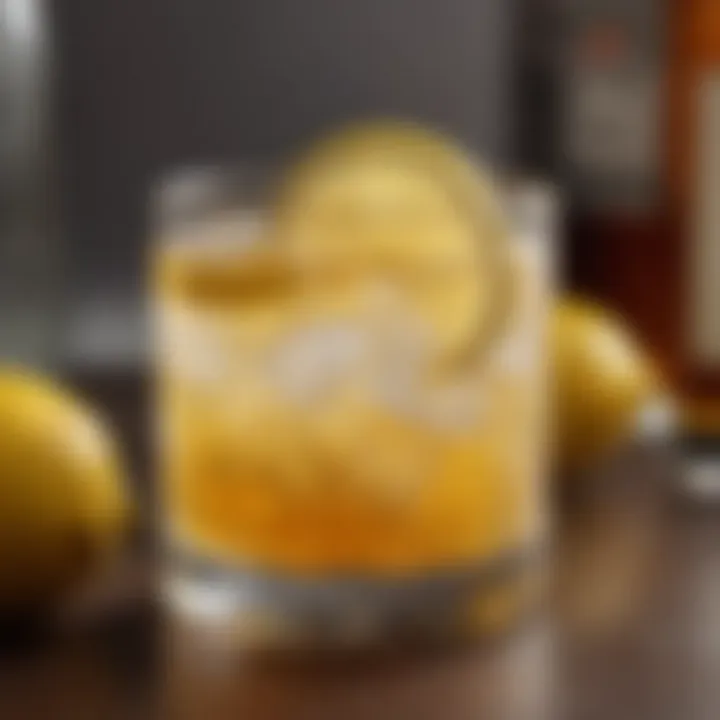 A close-up of a refreshing rum and lemon drink garnished with citrus slices