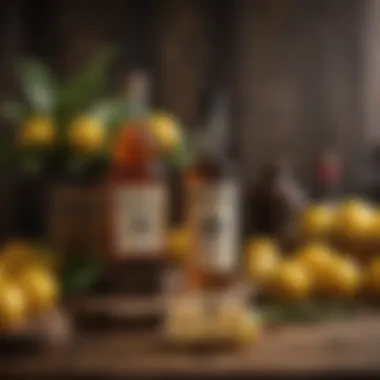 A rustic wooden table displaying a selection of rum bottles and fresh lemons