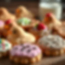 An assortment of chicky cookies with various toppings