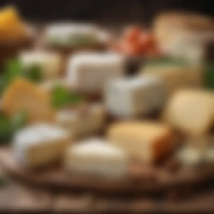 An assortment of artisanal cheeses displayed with fresh herbs and nuts