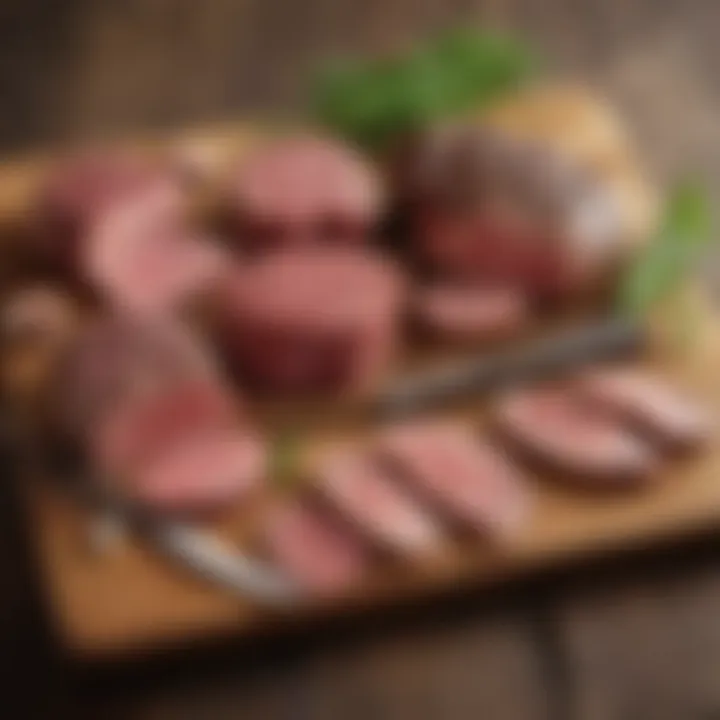 A premium selection of grass-fed meats arranged on a rustic wooden board