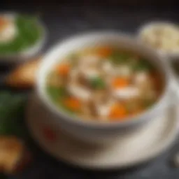 A rich bowl of chicken soup garnished with fresh herbs, symbolizing comfort and nourishment.