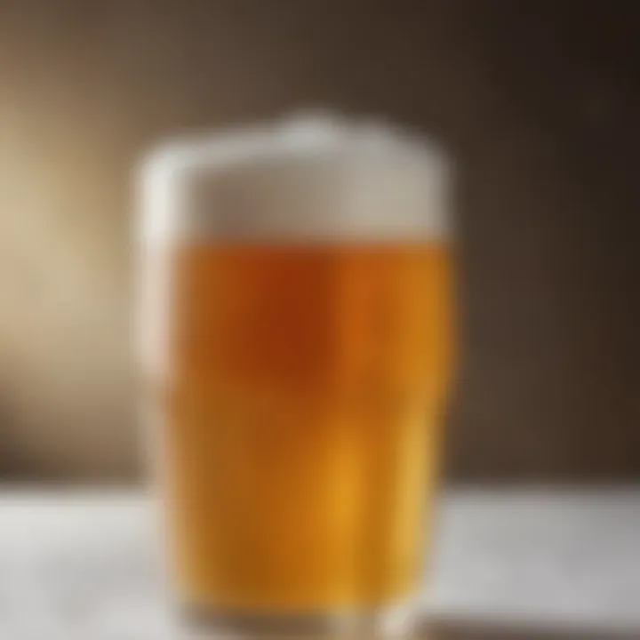 A close-up of a frosty glass of non-alcoholic beer, highlighting the rich foam and golden color.