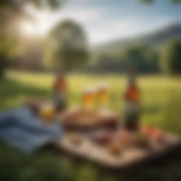 A serene outdoor setting with a picnic featuring non-alcoholic beers alongside healthy snacks.