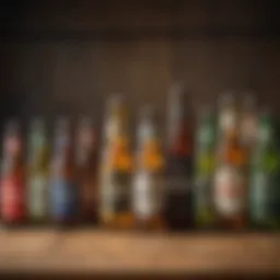 A variety of non-alcoholic beer bottles on a wooden table, showcasing different brands and styles.