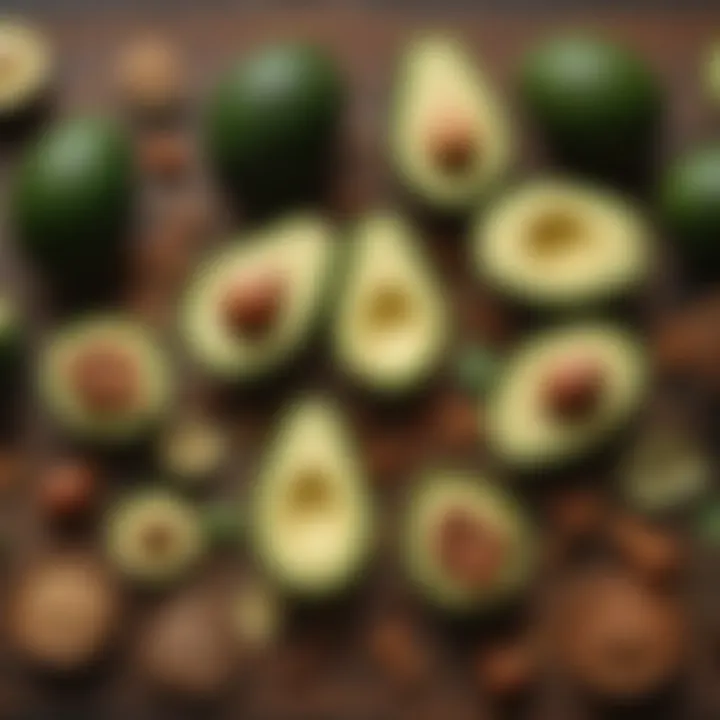 A selection of healthy fats like avocados, nuts, and seeds arranged artistically to emphasize their importance in a diet.