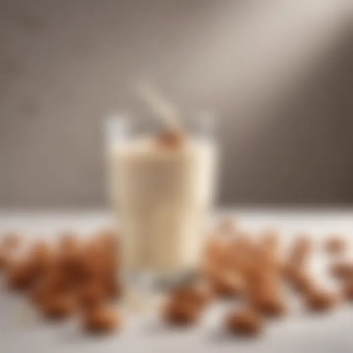 Close-up of almond milk in a glass with almonds scattered around