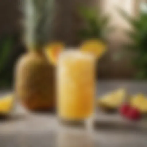 A vibrant Pineapple Malibu cocktail garnished with fresh fruits