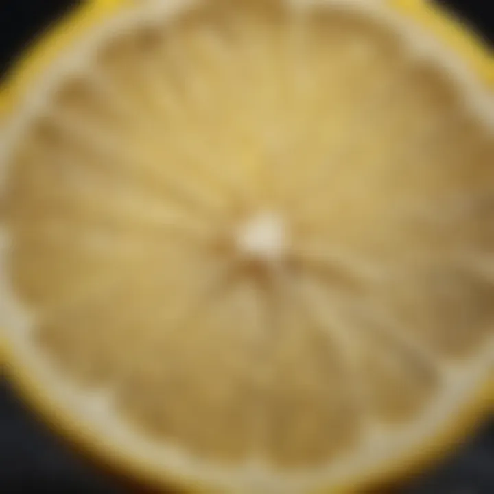 A close-up view of a lemon cut in half, revealing its juicy interior and texture.