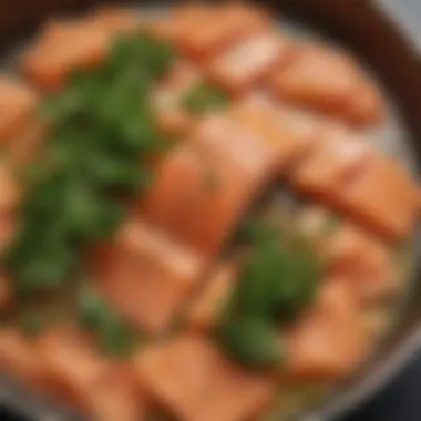 Close-up of fresh salmon and herbs used in bowtie dish