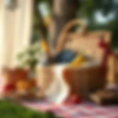 An elegant picnic setup featuring a classic basket and decorative elements