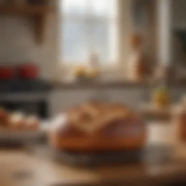 An inviting kitchen scene showing a freshly baked loaf cooling on a rack next to a Le Creuset pot