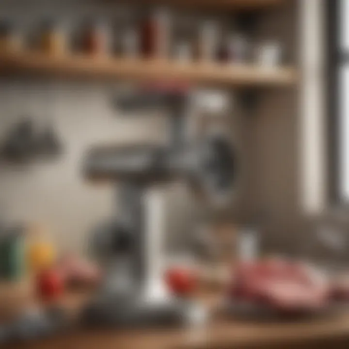 An organized kitchen shelf displaying various attachments and accessories for a meat grinder.