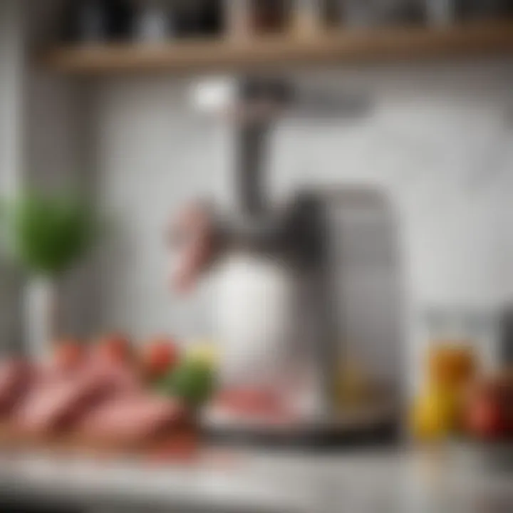 A sleek stainless steel meat grinder on a kitchen countertop, surrounded by fresh ingredients.