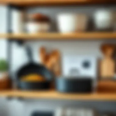 Organized Cast Iron Collection An organized kitchen shelf displaying a 5-piece cast iron set with care instructions