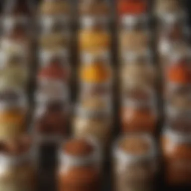 Close-up of diverse spices in jars with labels