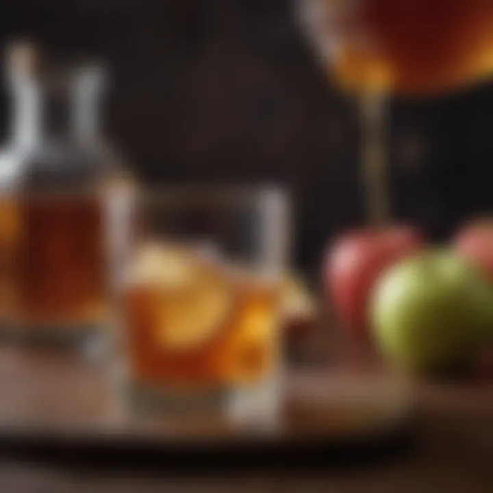 A glass of apple whiskey with a slice of apple