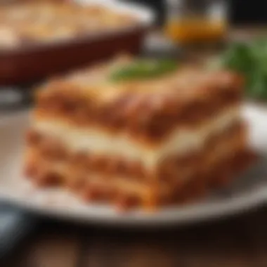 Close-up of a decadent lasagna layered in a spacious baking dish