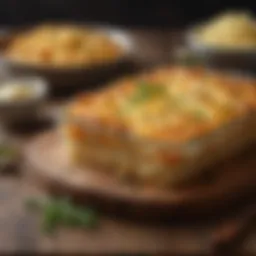 A beautifully plated hash brown casserole with melted cheese and herbs