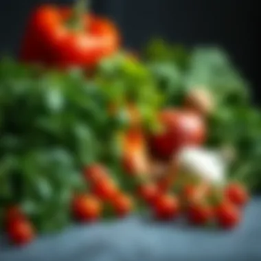 An assortment of fresh herbs and vegetables arranged for a recipe preparation