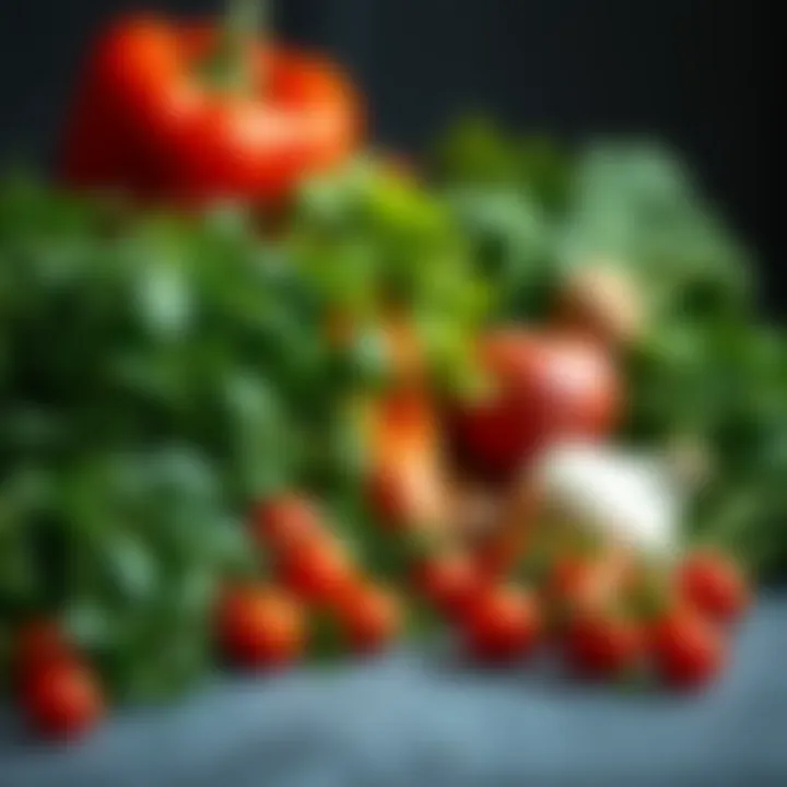An assortment of fresh herbs and vegetables arranged for a recipe preparation