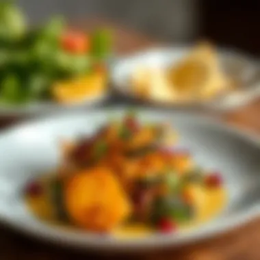 A close-up of a beautifully garnished plant-based entree with intricate details