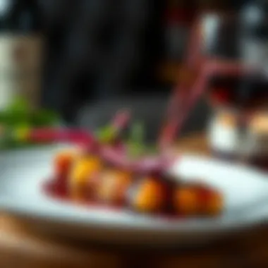 An exquisite dish garnished with red wine stick reduction