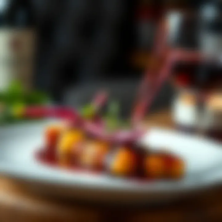 An exquisite dish garnished with red wine stick reduction