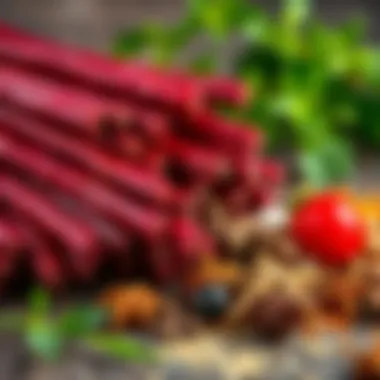 A close-up of red wine sticks next to various spices and herbs