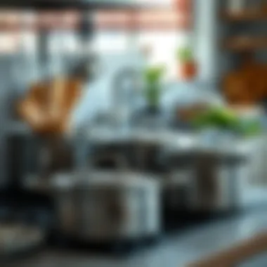 A beautifully arranged kitchen with all-purpose pots in use
