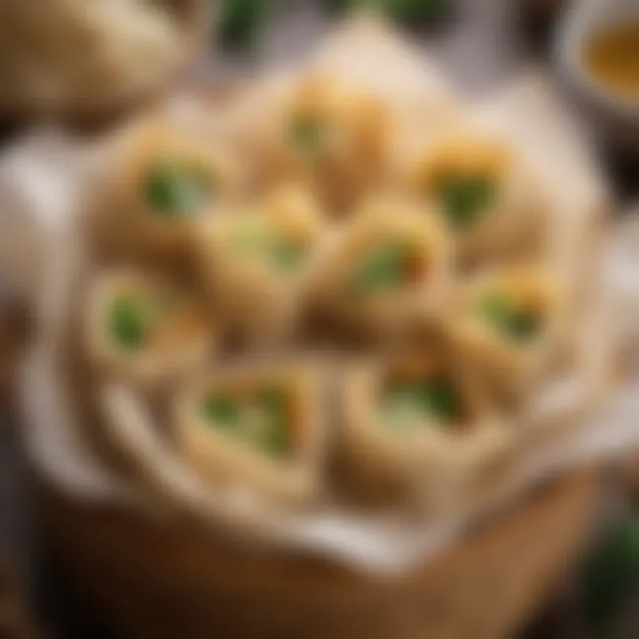 A close-up of won ton wraps steaming in a bamboo basket