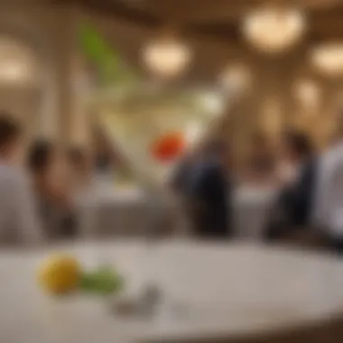 Social Significance of the Very Large Martini Glass Social gathering with a very large martini glass as a centerpiece