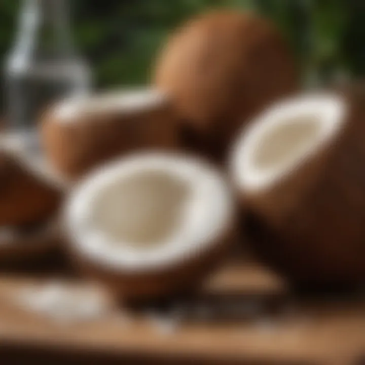 An assortment of coconut-based products, including coconut milk, water, and cream displayed artistically.