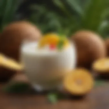 Close-up of a refreshing coconut drink garnished with tropical fruits and herbs.