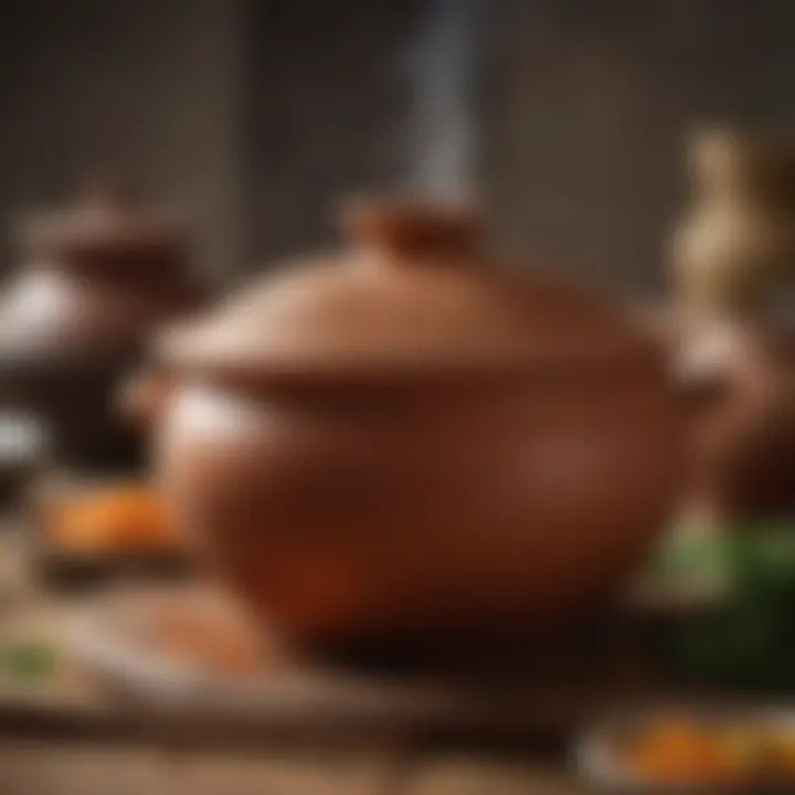 An intricately designed clay pot used for slow cooking.