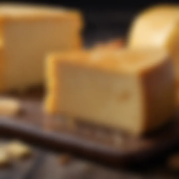 A close-up of aged Gouda cheese, highlighting its rich golden hue and unique crystalline texture.