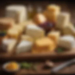 An array of Dutch cheese varieties displayed on a wooden board, showcasing different textures and colors.