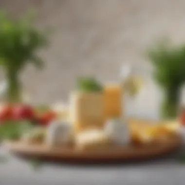 Fresh Dutch cheeses arranged artistically on a plate, garnished with herbs and accompanied by fruits.