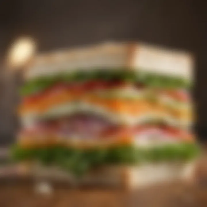 Close-up of layered ingredients in a sandwich