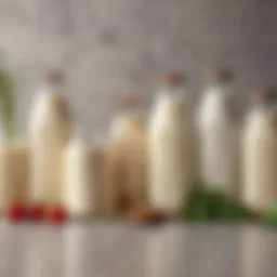 A variety of plant-based milk alternatives displayed in elegant glass containers