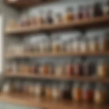 Organized kitchen shelves with glass jars and labels