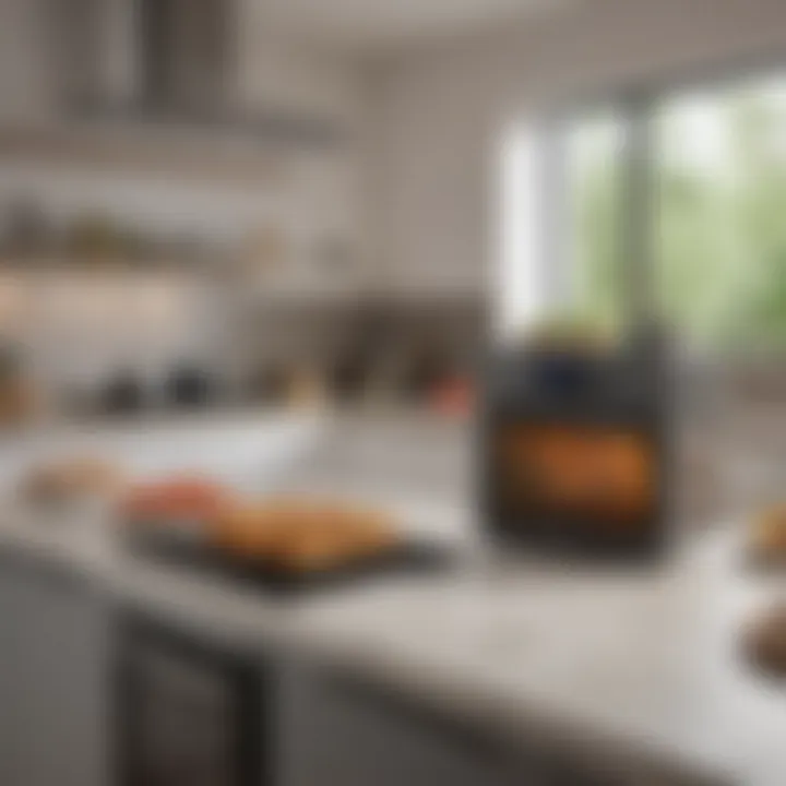 An organized kitchen space with a stove and air fryer oven, emphasizing the convenience of modern cooking appliances.