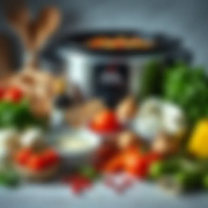 An array of ingredients laid out for a large slow cooker recipe