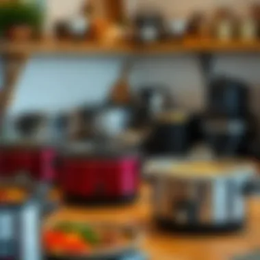 An organized kitchen showcasing various slow cooker models