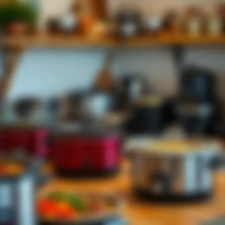 An organized kitchen showcasing various slow cooker models