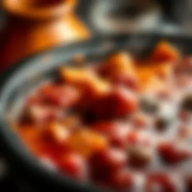 A close-up view of hearty stew simmering in a large slow cooker