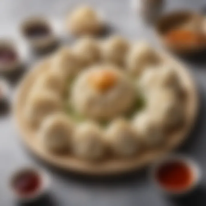 A beautifully arranged plate with xiaolongbao and dipping sauces