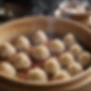 A steaming basket of freshly steamed xiaolongbao