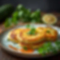 A plate of beautifully arranged zucchini pancakes garnished with fresh herbs