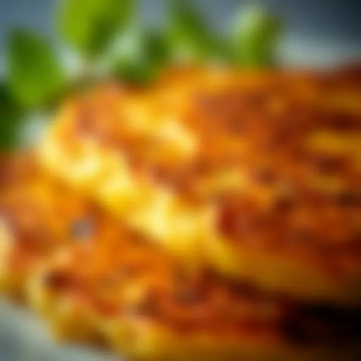 Close-up of a golden-brown zucchini pancake showcasing its texture